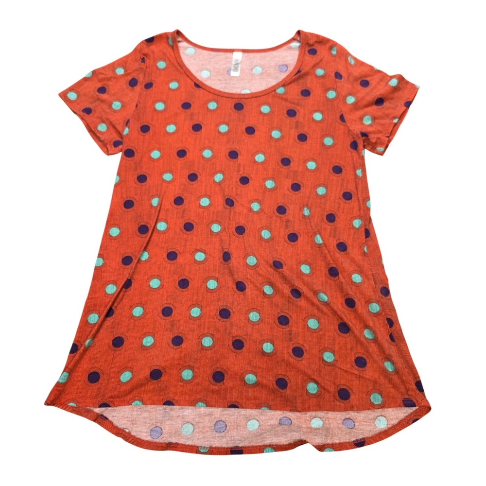 LuLaRoe Irma Tunic Top Women's Size M Orange Teal Purple Polka Dot High Low Hem